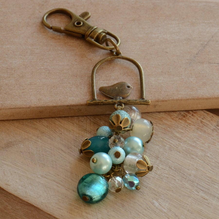 Aqua Blue, White & Crystal Bead Bag Charm with Bird Connector