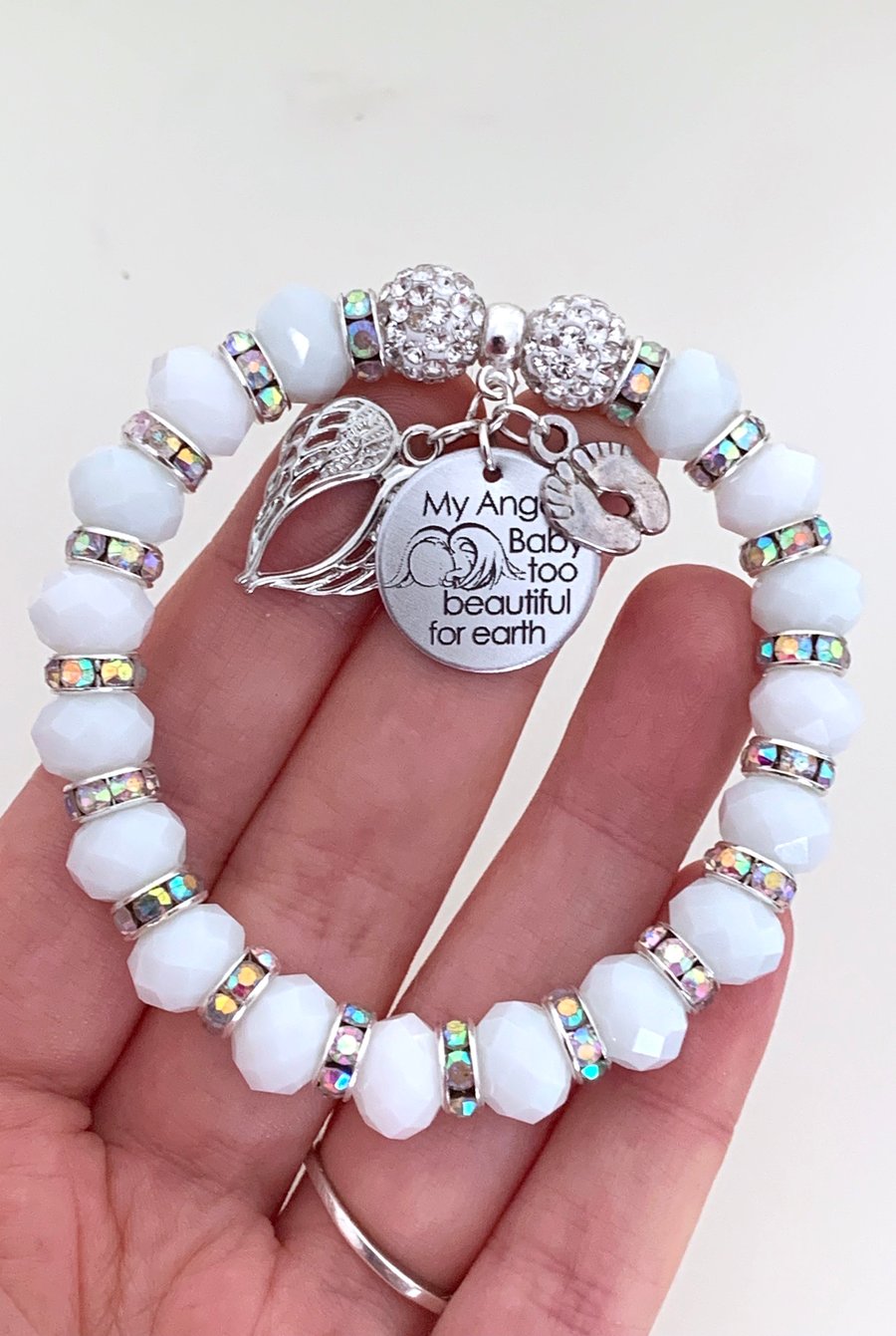 White Shamballa Bracelet Miscarriage My Angel Baby Too Beautiful For Earth 