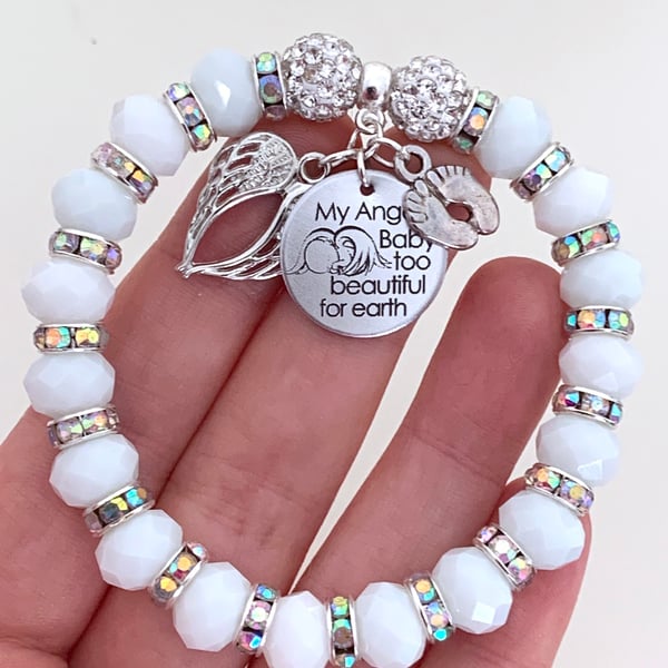 White Shamballa Bracelet Miscarriage My Angel Baby Too Beautiful For Earth 