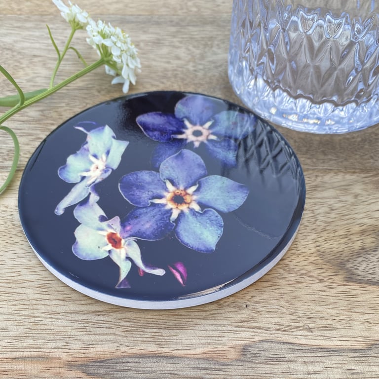 Ceramic coaster  - round coaster - forget me not print - glossy finish.
