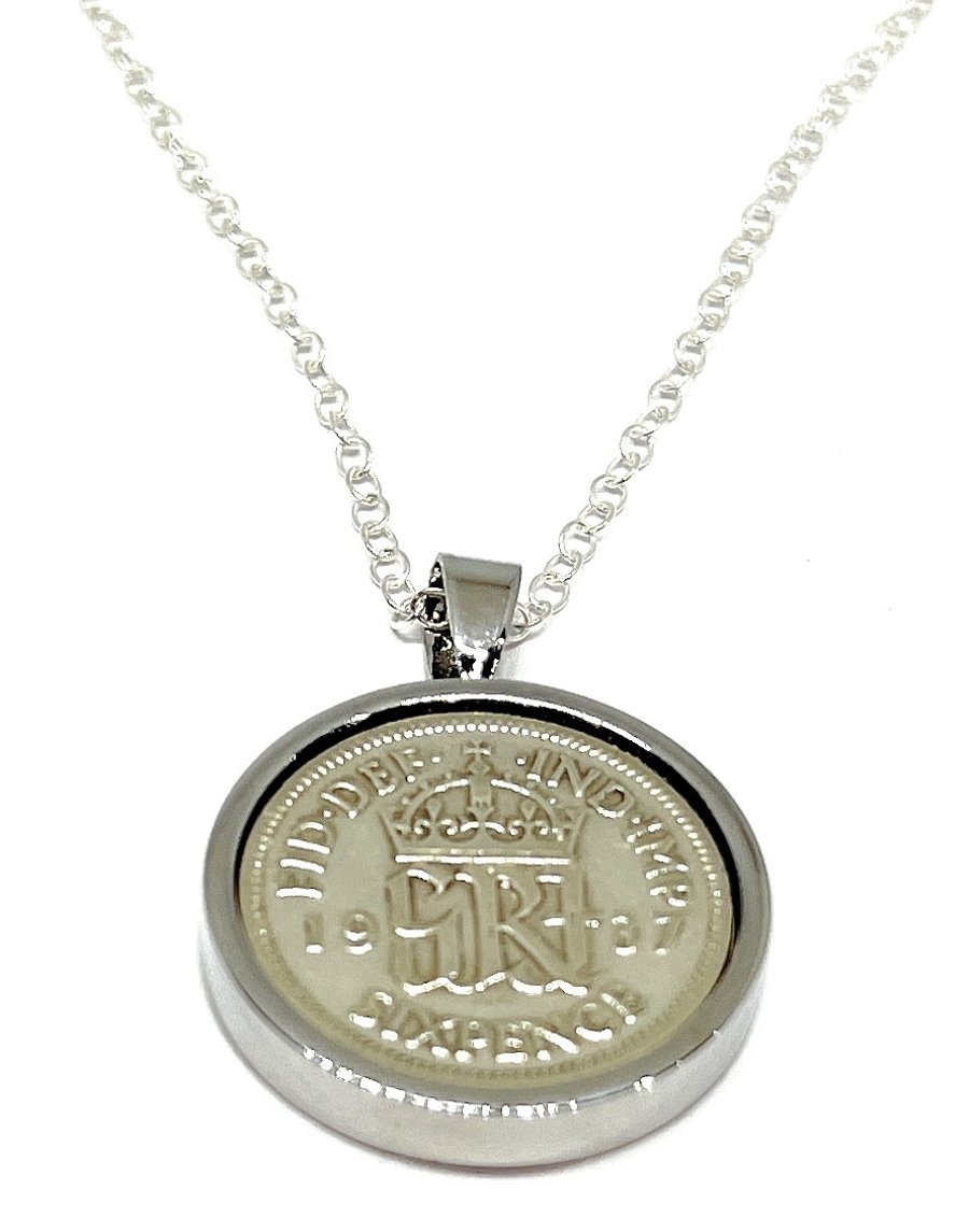 1937 87th Birthday Anniversary sixpence coin pendant plus 18inch SS chain gift 