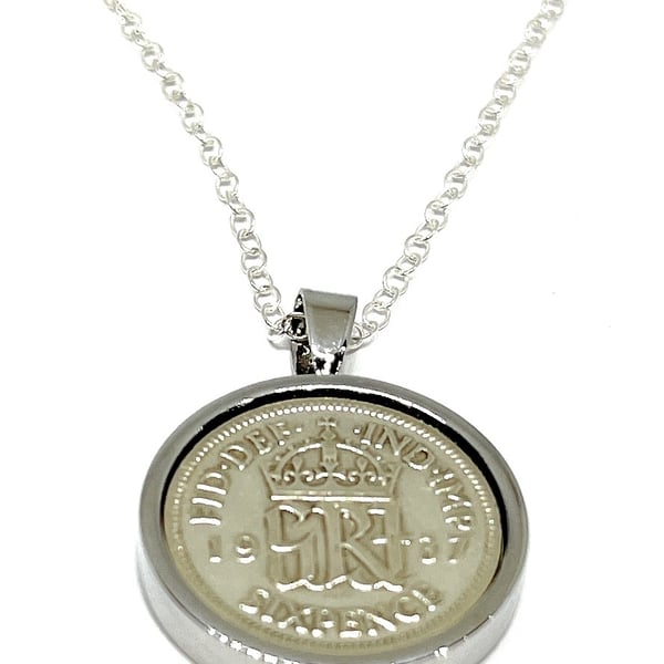 1937 87th Birthday Anniversary sixpence coin pendant plus 18inch SS chain gift 