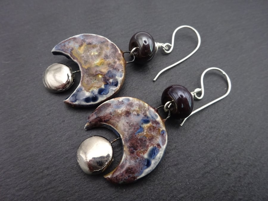 sterling silver earrings, blue moon ceramic and lampwork glass