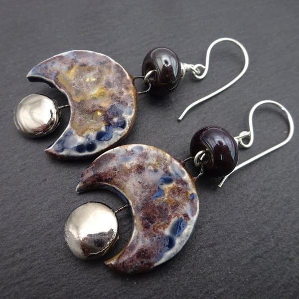 sterling silver earrings, blue moon ceramic and lampwork glass