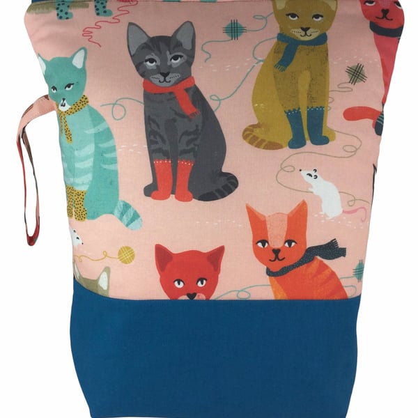Large knitting pouch bag with cats, knitters project bag, Zipped craft tote, Gif