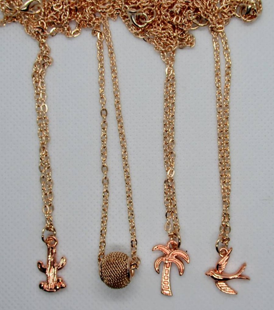 Rose gold plated charm necklaces - palm tree, cactus, mesh bead, bird