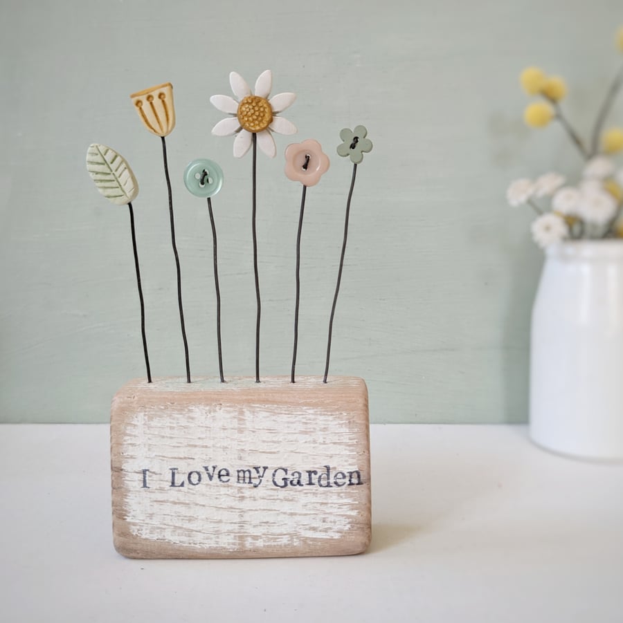 Clay and Button Flower Garden in a Wood Block 'I Love my Garden'