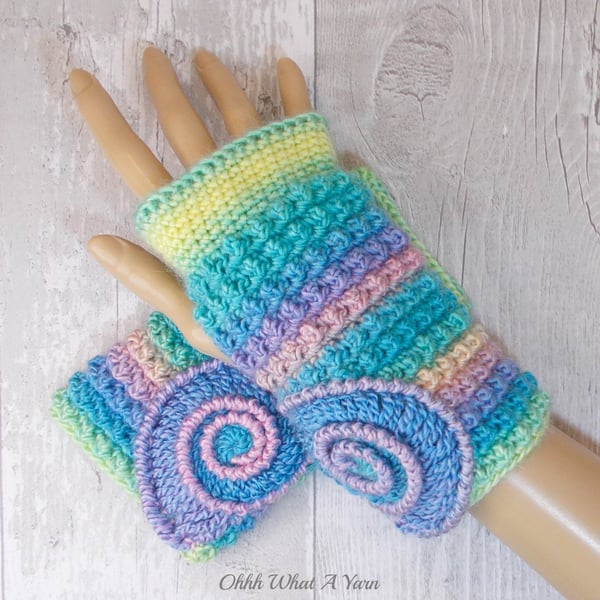 Pastel rainbow ammonite ladies crochet gloves, finger less gloves.  