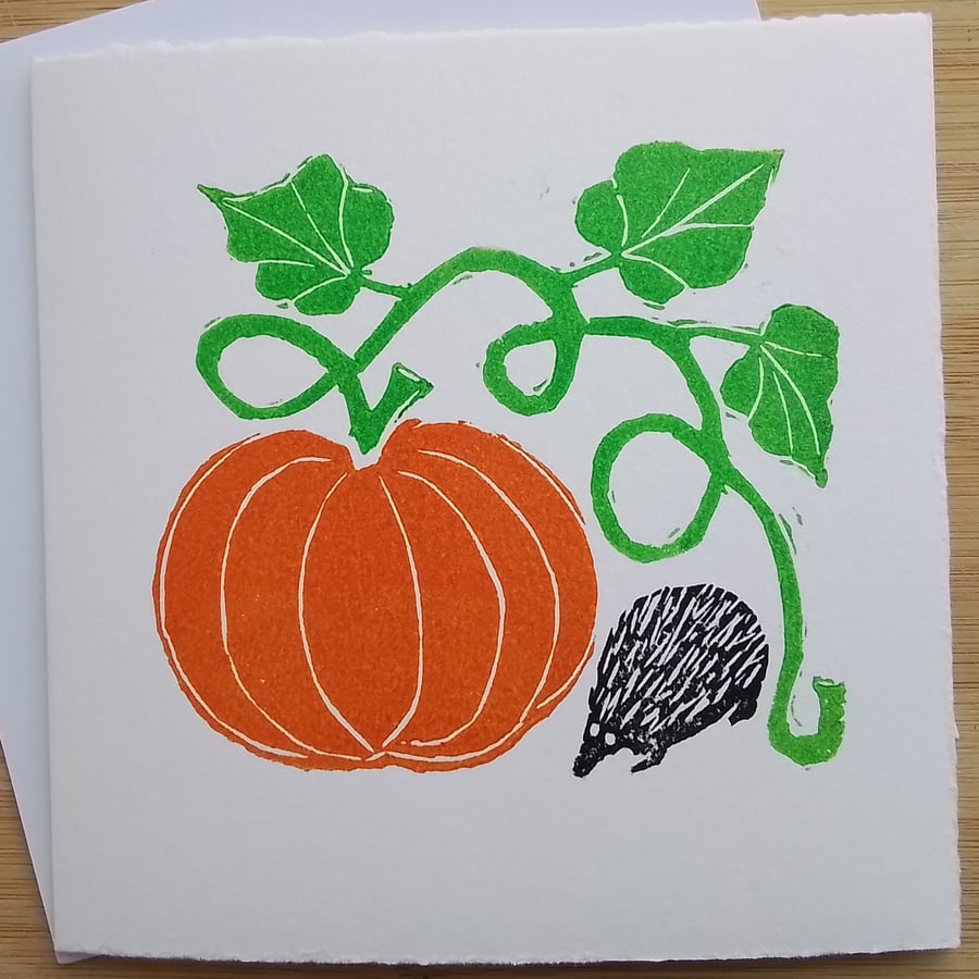 Pumpkin & Hedgehog - hand-printed linocut card