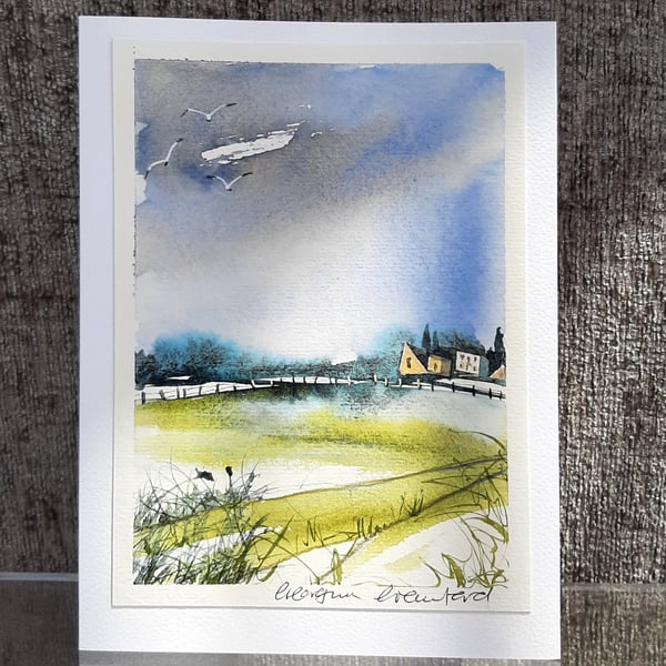 Village Edge. Blank Card. Original Watercolour Painting. 260149