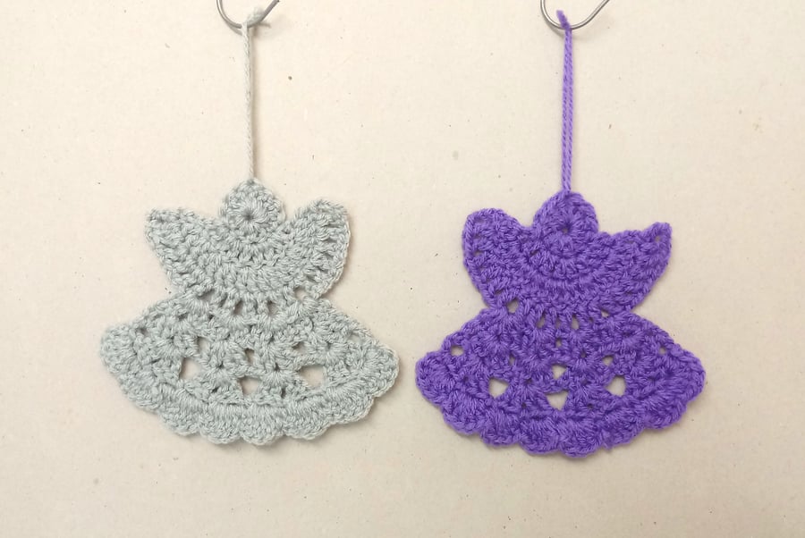 Angel Christmas decorations, Set of two, crochet angels in purple and grey.