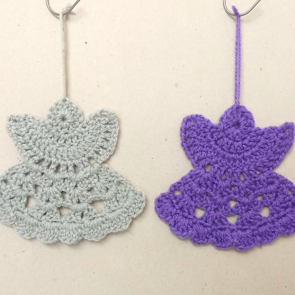 Angel Christmas decorations, Set of two, crochet angels in purple and grey.