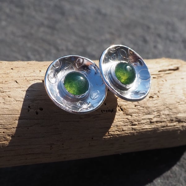Earrings, Stud earrings set with green moss agate cabochons
