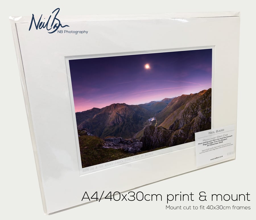Moon over Glen Coe & Aonach Eagach Ridge at night - A4 (40x30cm) Unframed Print
