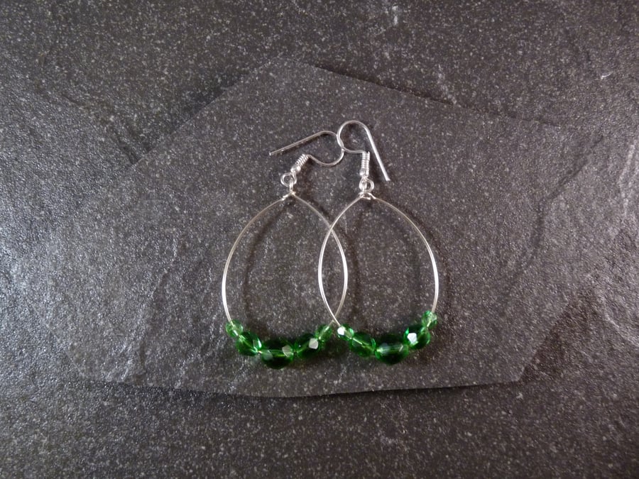 Large Hoop Earrings - Green Faceted Glass - 40mm - Sliver Colour