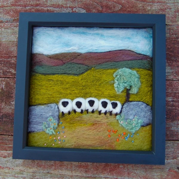 Five sheep stonewall wool painting.  Needlefelt picture with hand embroidery