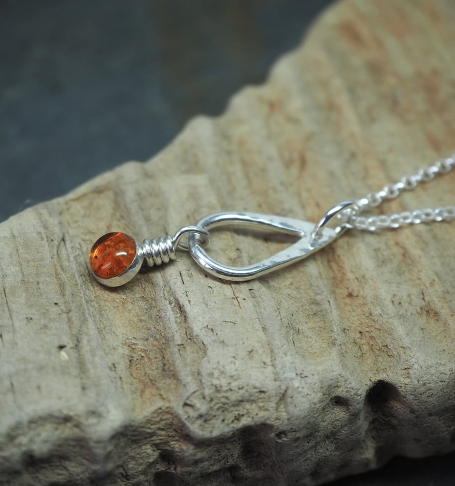 Amber pendant, silver teardrop pendant necklace, silver jewellery