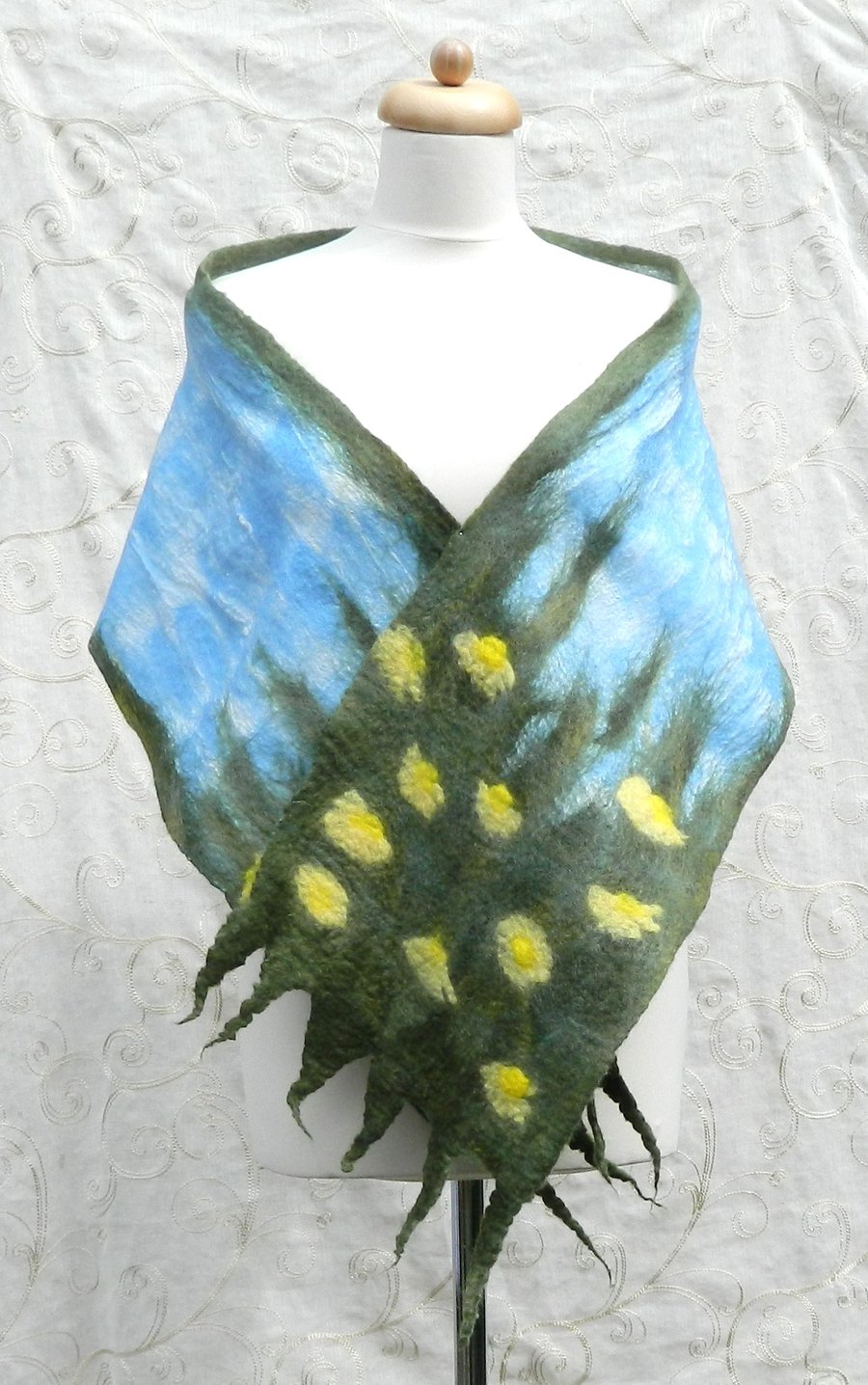 Yellow Green Daisy Scarf Shawl Wrap for Mothers Day Silk and Wool Felted Nuno