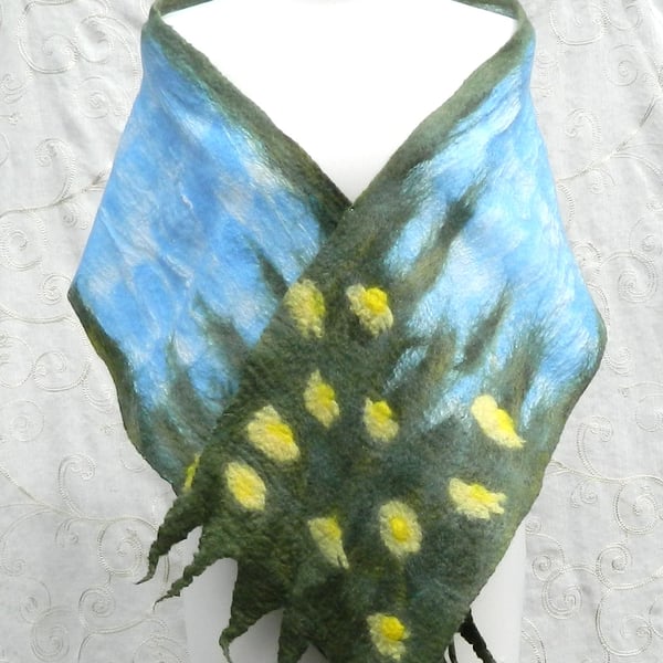 Yellow Green Daisy Scarf Shawl Wrap for Mothers Day Silk and Wool Felted Nuno