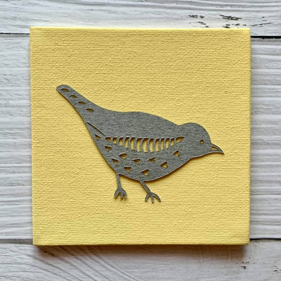 Mini Bird 'Rose' Original Hand Cut Papercut on Canvas - Grey