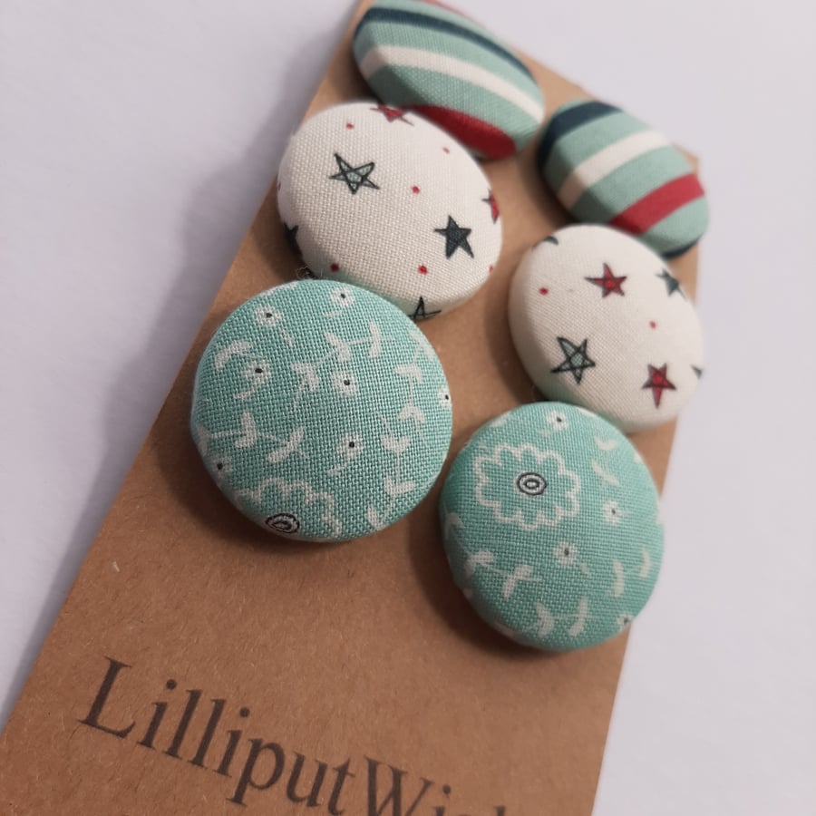 Set of six scrap bag buttons - Navy, teal, wine patterned fabric buttons