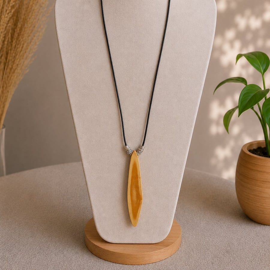 Upcycled Wooden Pendant Necklace Minimalist Reclaimed Wood Leather Jewellery 
