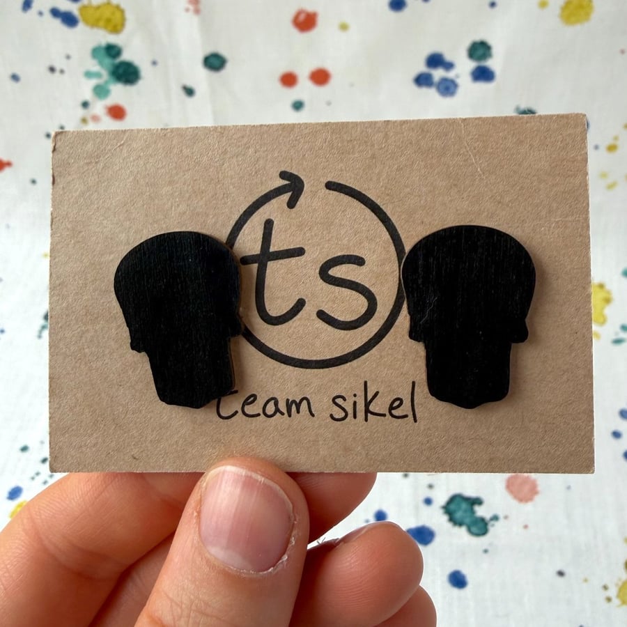 Upcycled Flat Wooden Skull Stud Earrings - Black - Old Stock - Super Seconds