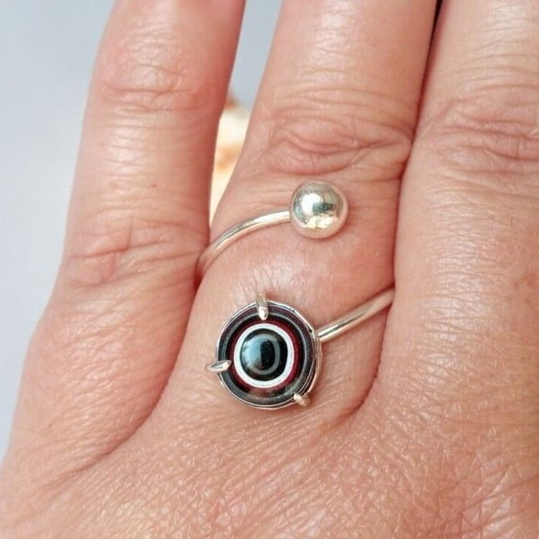 Recycled Sterling Silver .925 & Bullseye Fordite Adjustable Ring in Gift Box