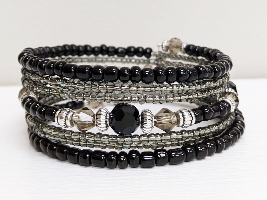 Memory Wire Bracelet in Black and Grey Seed Beads.  Stacked Bangle