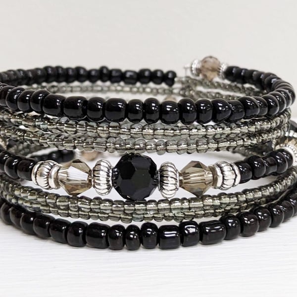 Memory Wire Bracelet in Black and Grey Seed Beads.  Stacked Bangle