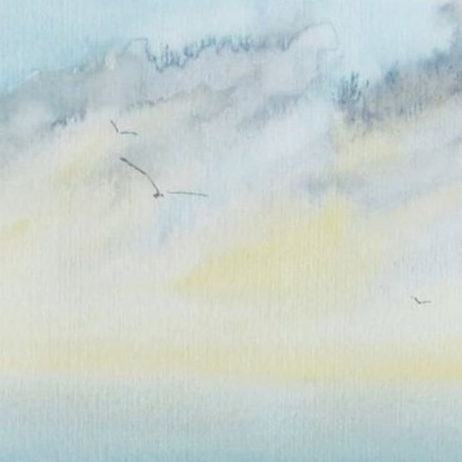 Original watercolour coastal artist card gulls over the sea blank any occasion 