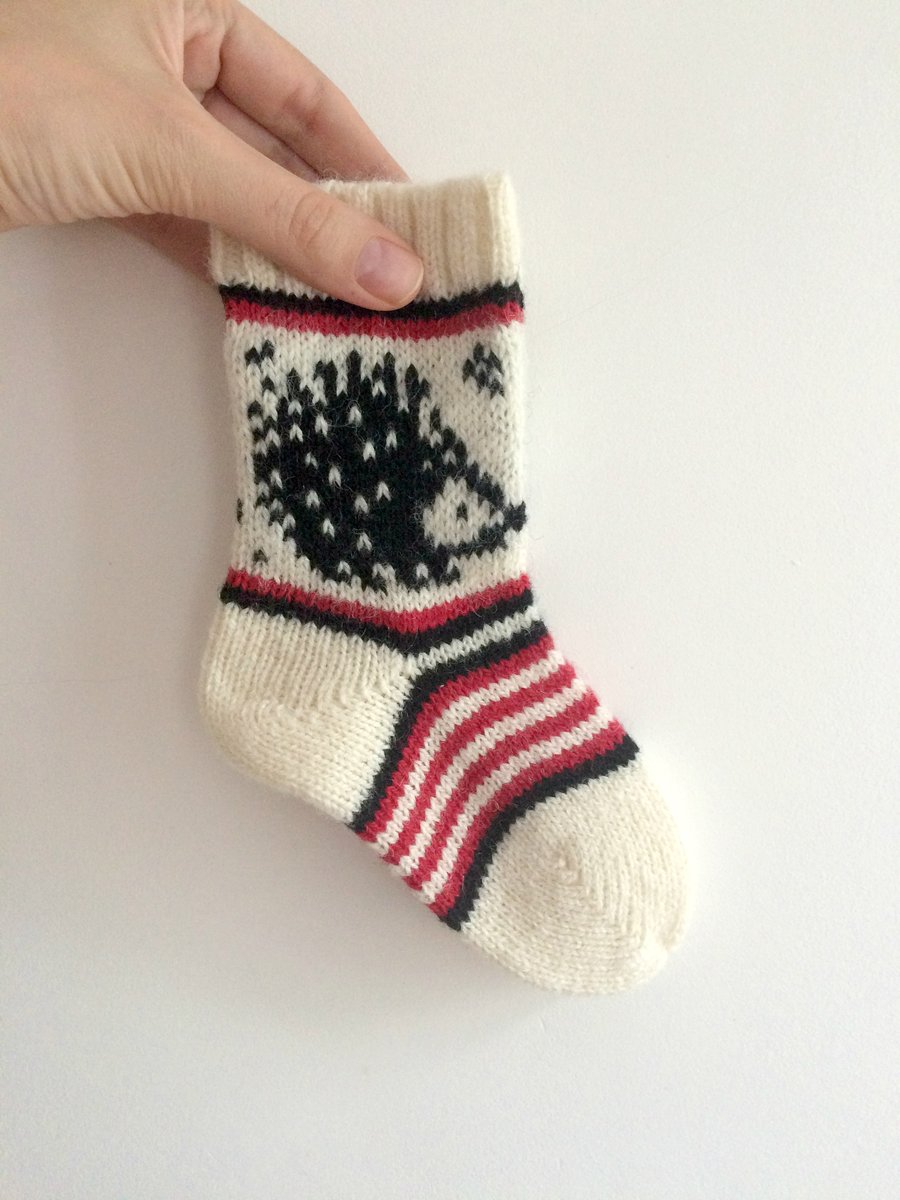 Children Kids Socks White Wool Red Hedhehog Fair Isle Scandinavian Fairisle