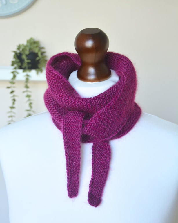 Knitted Scarf Small Triangle Scarflette Harmony Scarf Merino Bright Plum Pink
