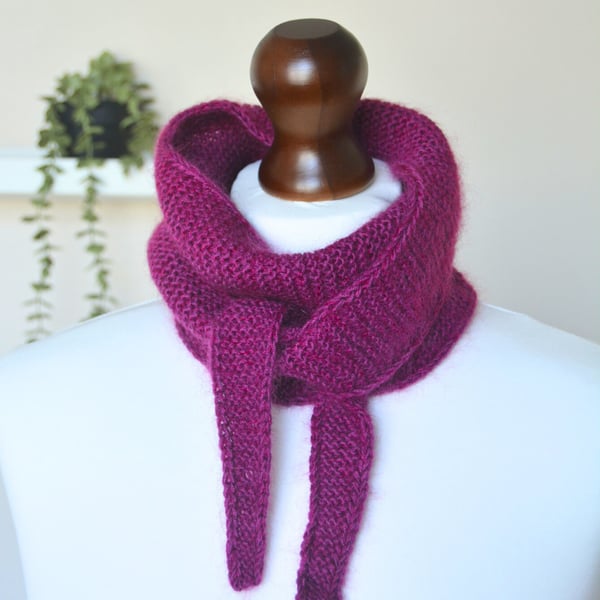 Knitted Scarf Small Triangle Scarflette Harmony Scarf Merino Bright Plum Pink