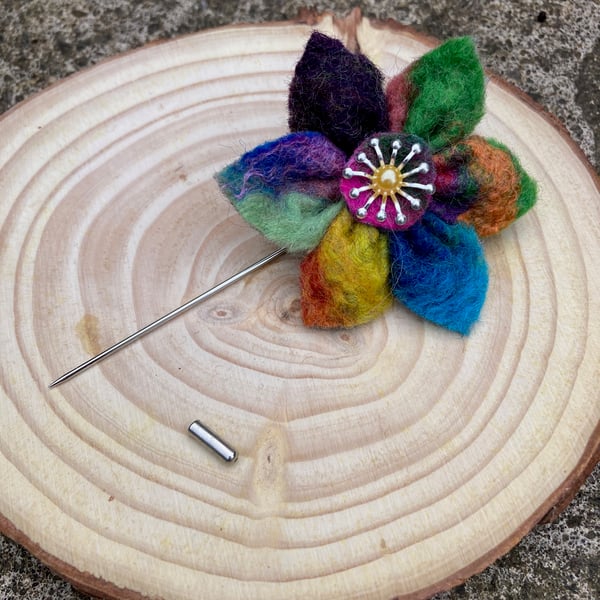 Felted flower scarf pin, shawl pin, brooch, hand made multicoloured  (3)