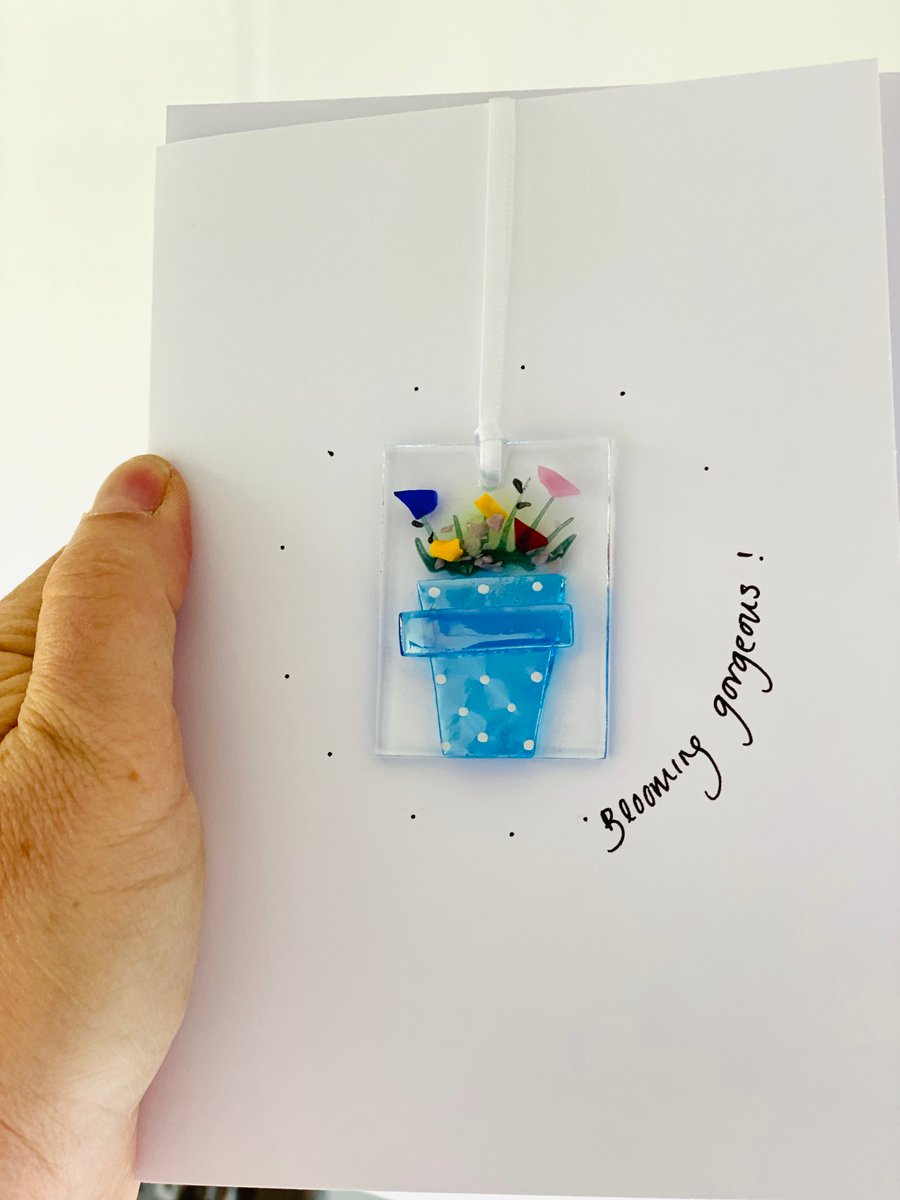 Any occasion fused glass  flower pot keepsake card 