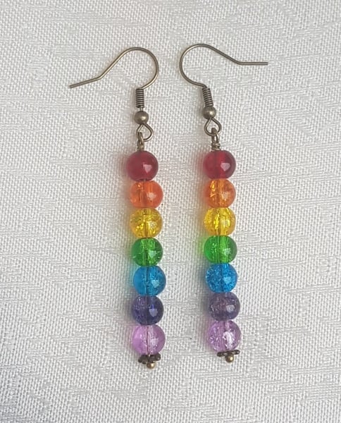 Gorgeous Rainbow Bead Stick Dangle Earrings - Antique Bronze tone