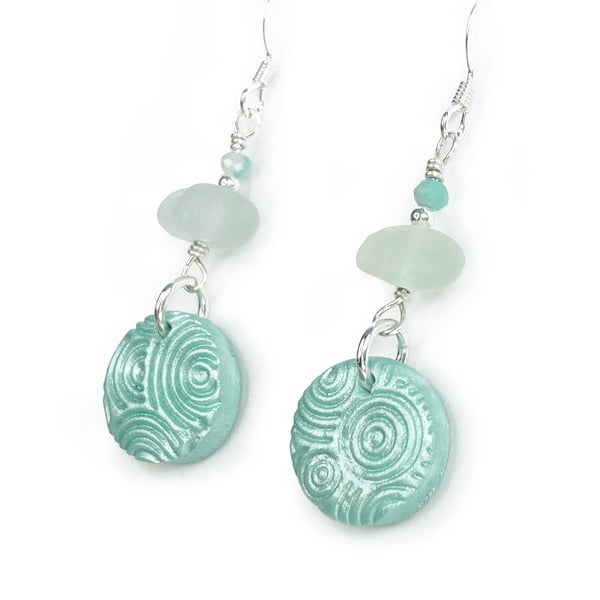 Wave Ripple Dangly Earrings - Green Sea Glass and Amazonite Sterling Silver