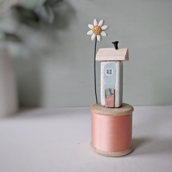 Wooden House on a Vintage Bobbin with Clay Daisy