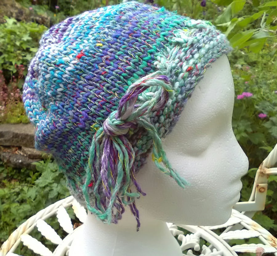 Handknit Noro cotton silk & wool hat Minty multi stripes Medium