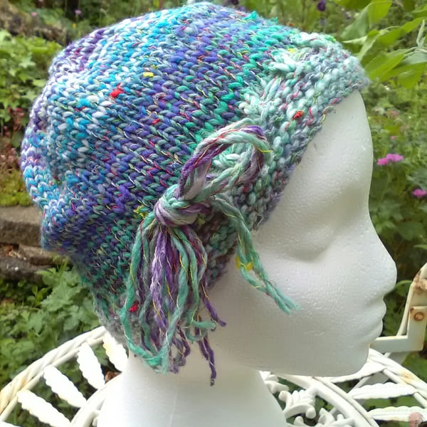 Handknit Noro cotton silk & wool hat Minty multi stripes Medium