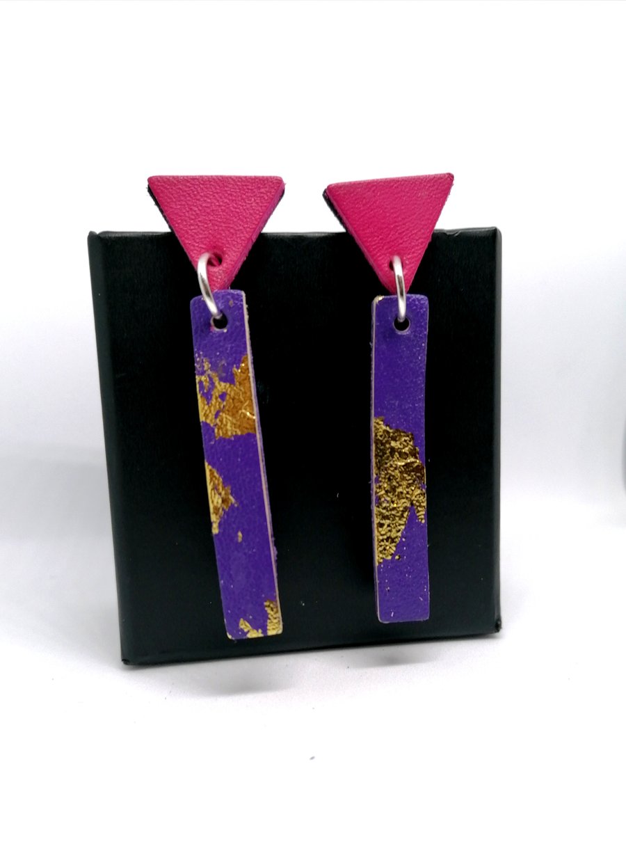 Colour Drop Bar Leather Earrings - Purple, Gold leaf & Pink