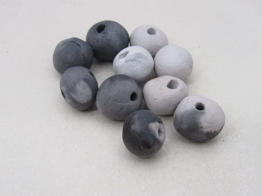 10 Small White Grey Smoke Fired Earthenware Clay Beads