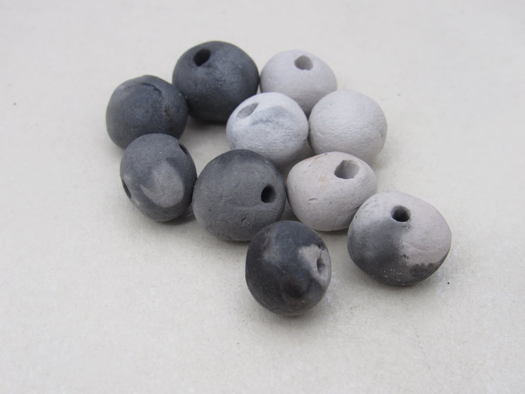 10 Small White Grey Smoke Fired Earthenware Clay Beads
