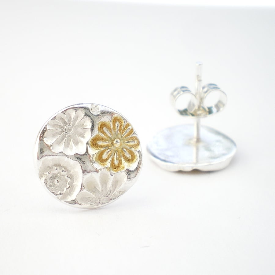 Silver and Gold Floral Stud Earrings