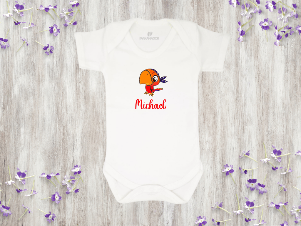 Personalised Parrot Baby Bodysuit – Colourful Baby Grow With Name 