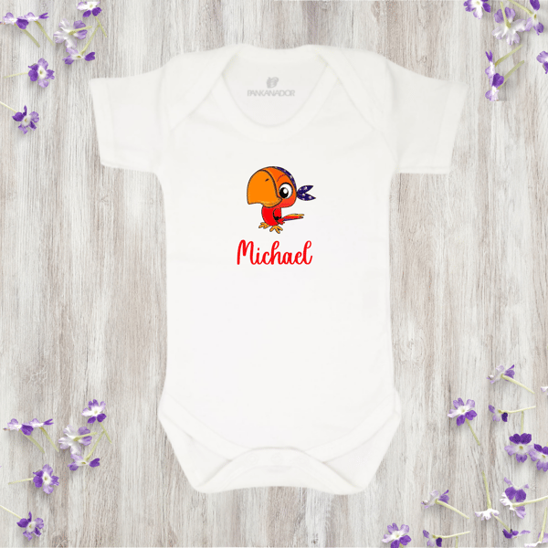 Personalised Parrot Baby Bodysuit – Colourful Baby Grow With Name 