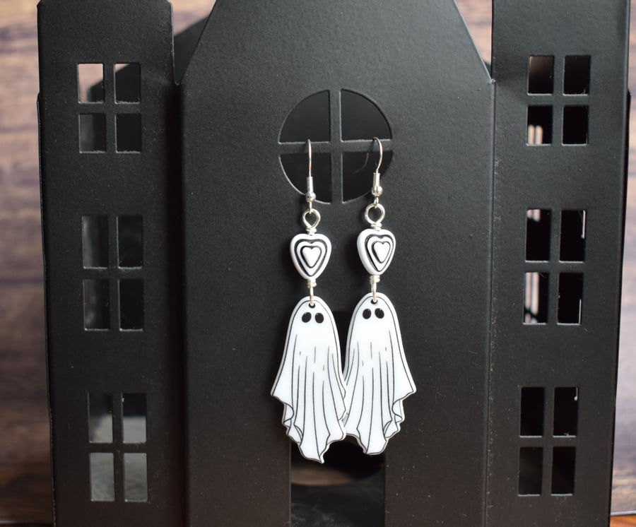 Ghost Earrings with Black and White Heart Beads, Creepy Cute Halloween Jewellery