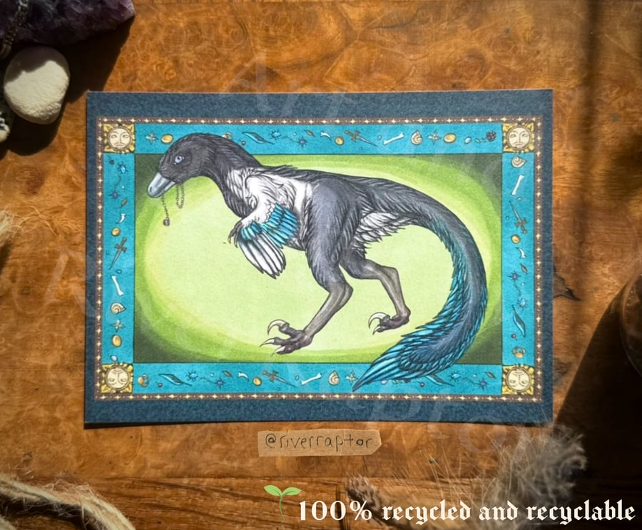 MAGPIE RAPTOR A6 PRINT - Medieval-themed dinosaur illustration 