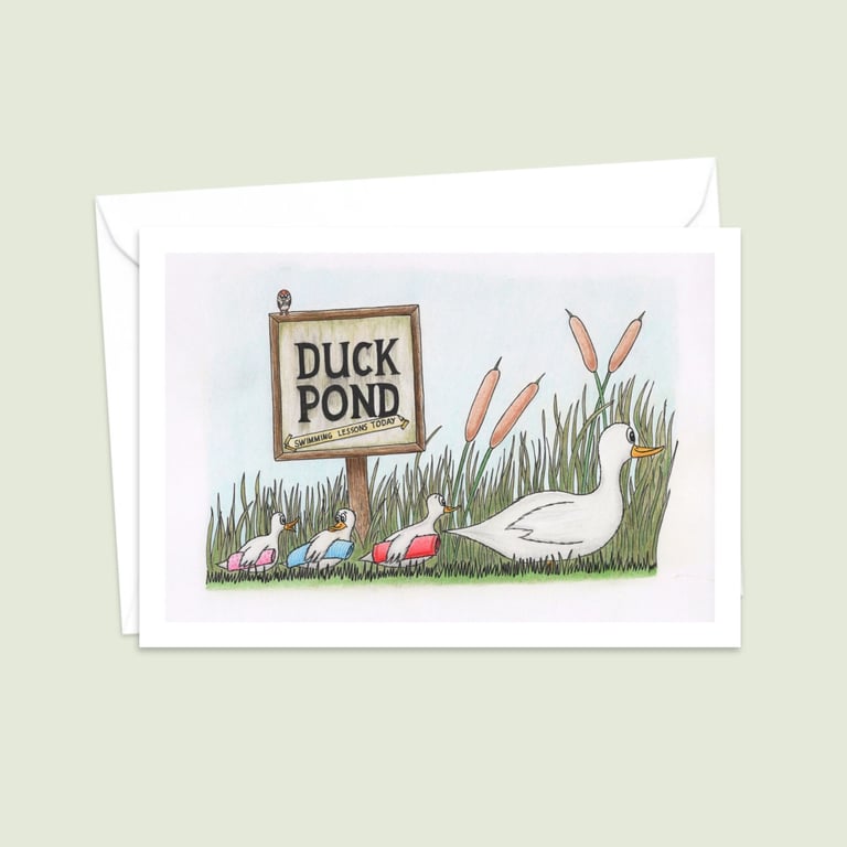 Cute Ducks Greeting Card: Pencil Illustration of a Duck Family Outing (213)